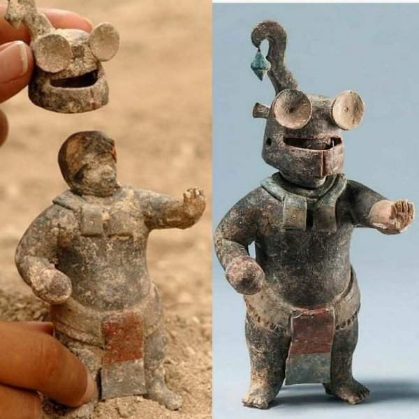 Керамическая фигурка майя со съёмным шлемом, созданная 1500 лет назад в Гватемале