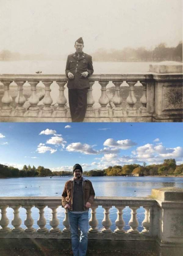 Внук стоит на том же месте, где стоял его дедушка во время Второй мировой войны