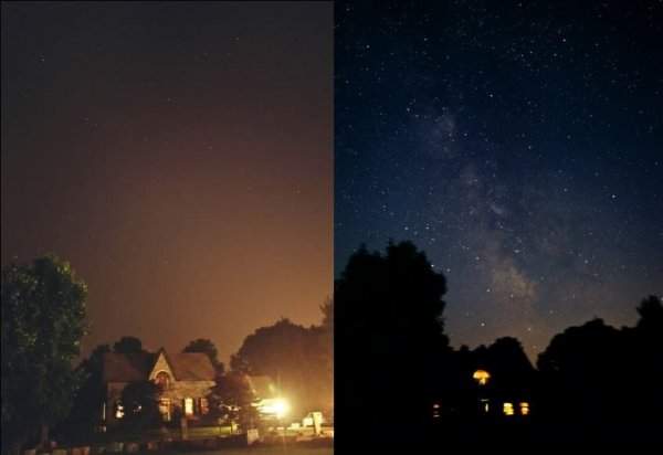 Звёздное небо в обычную ночь и во время отключения электричества во всём районе