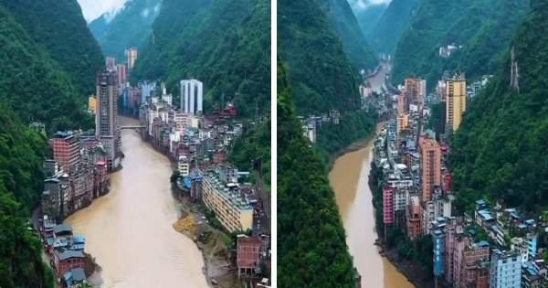 Очень длинный китайский город на реке Наньсихэ в провинции Юньнань