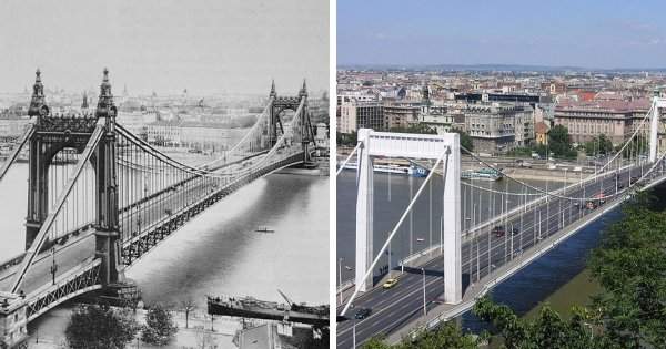 Мост Эржебет в Будапеште до и после восстановления