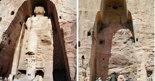 Бамианская статуя Будды в Афганистане до и после разрушения