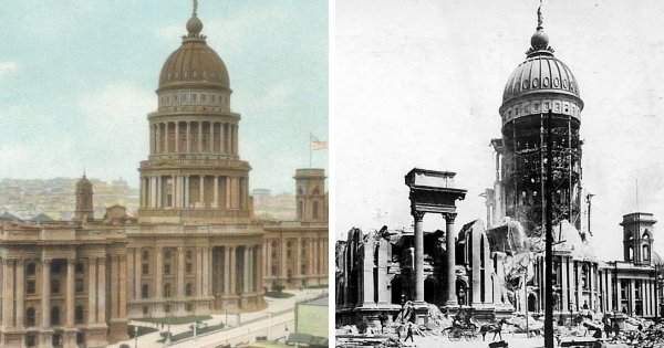 Старая ратуша Сан-Франциско до и после землетрясения в 1906 году
