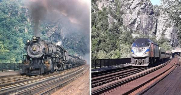 Поезда в американском посёлке Харперс Ферри в 1947 и в 2021 году