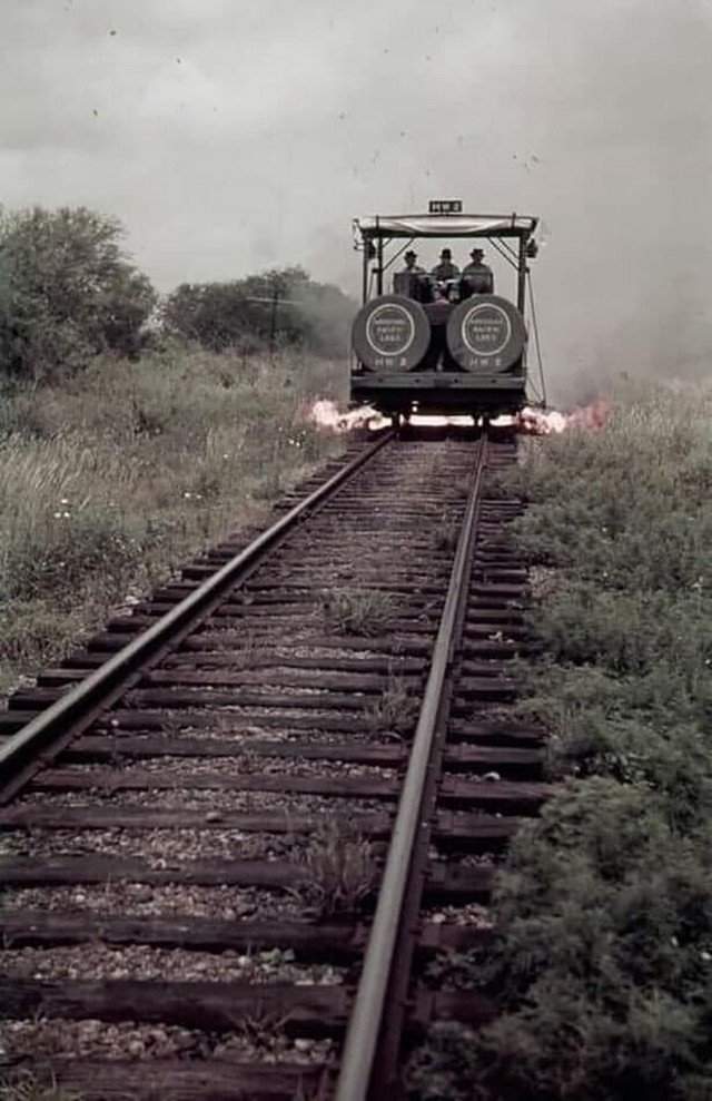 Работники железной дороги едут в вагоне для сжигания сорняков. Техас, июнь 1941 год