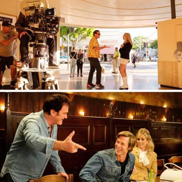 Квентин Тарантино дает указания Марго Робби и Брэду Питту на съемочной площадке фильма «Однажды в... Голливуде»