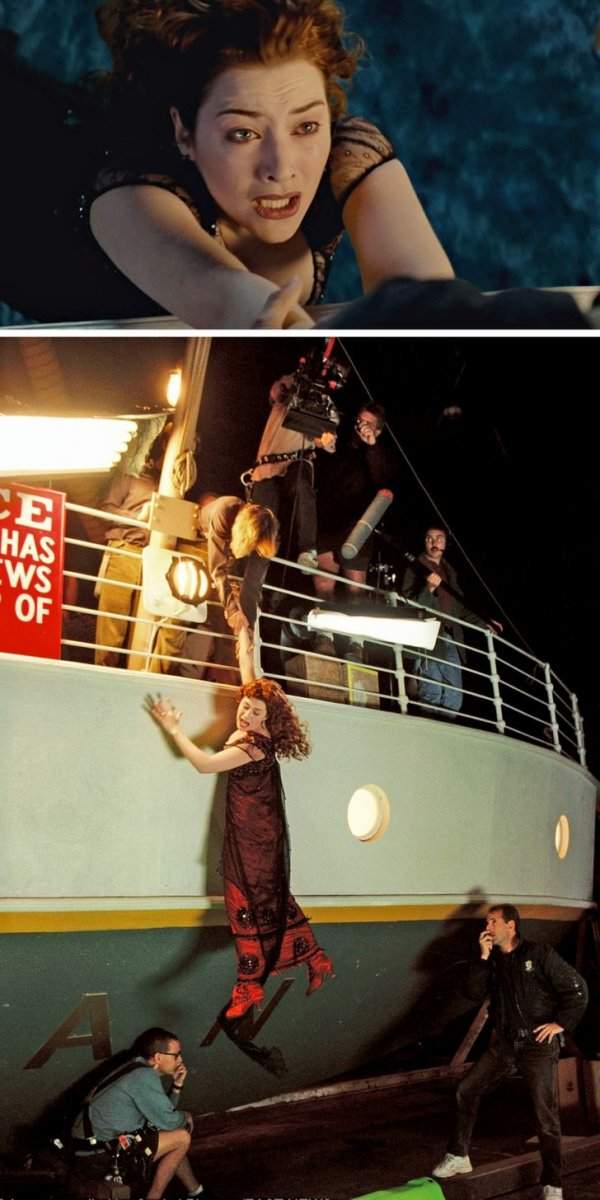 Знаменитая сцена, когда герой Леонардо Ди Каприо спасает Роуз (Кейт Уинслет) на корме «Титаника», за кадром выглядит не менее эффектно