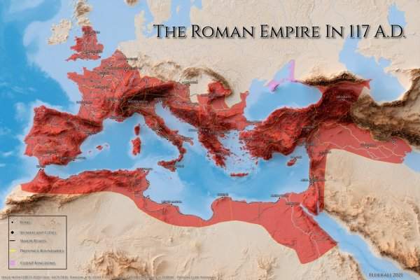 Римская Империя в 117 году нашей эры — в то время она достигла максимума своей территории