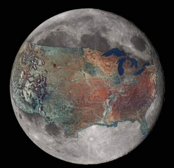 Размер Луны по сравнению с размером США