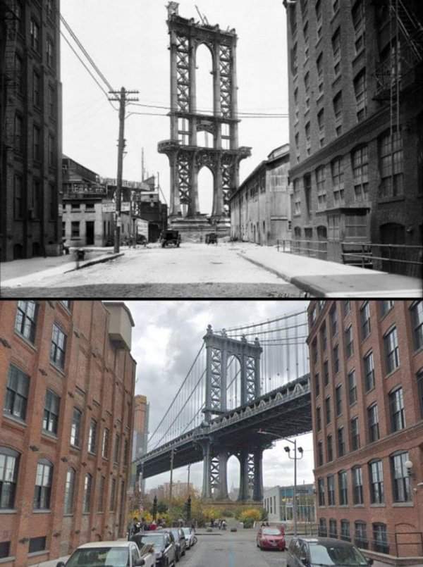 Незаконченный Манхэттенский мост в 1908 году и сейчас