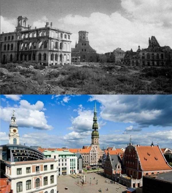 Ратушная площадь в Риге в 1944 году и сейчас