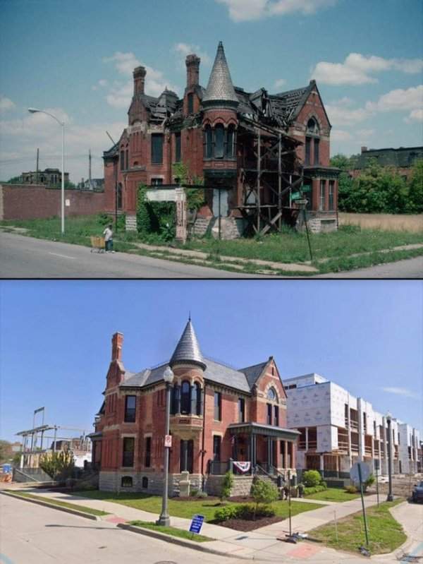 Прекрасный дом, восстановленный в Детройте. 1993 год и сейчас