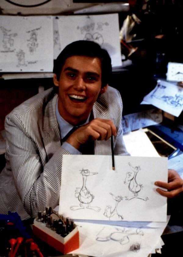 Джим Керри во время работы над своей первой главной ролью в недолговечном сериале «Утиная фабрика», 1984 год
