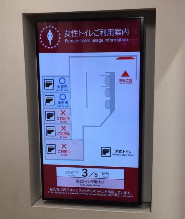 У входа в уборные есть информационное табло, отображающие информацию о свободных и занятых кабинках
