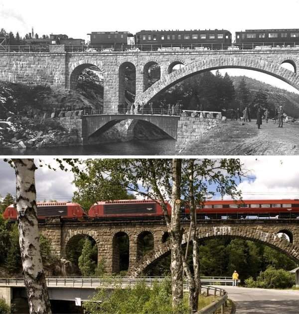 Железнодорожный мост Кьесен в Норвегии — 1927 и 2008 годы