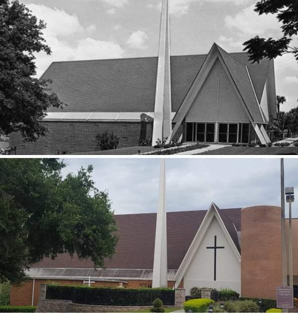 Здание объединённой методистской церкви в Клермонте, США — 1960 и 2018 годы