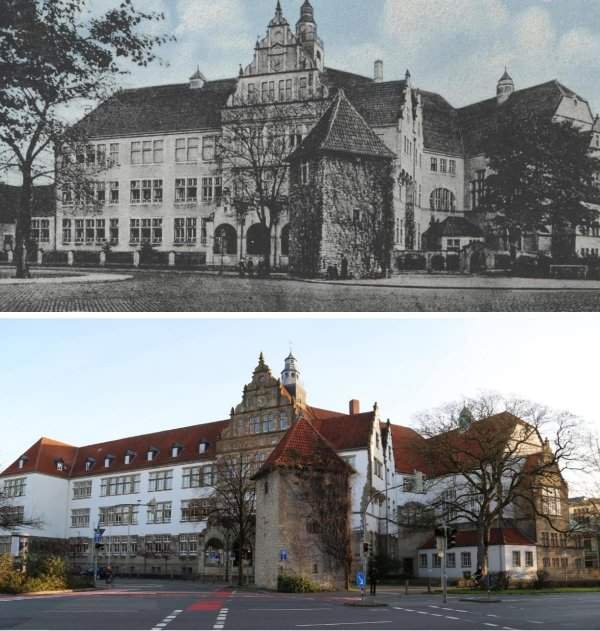 Гимназия в городе Оснабрюк, Германия — 1870 и 2015 годы
