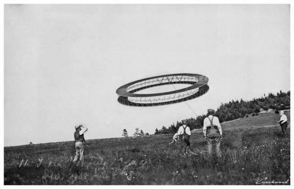 Изобретатель Александр Грэм Белл и его помощники запускают четырёхгранного воздушного змея, 1908 год