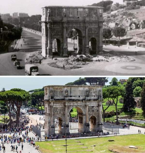 Триумфальная Арка Константина в Риме в 1943 и в 2021 году