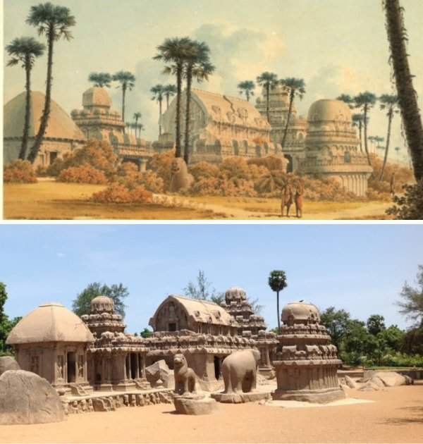Панча Ратхас в Бенгальском заливе, Индия в 1825 году и сейчас