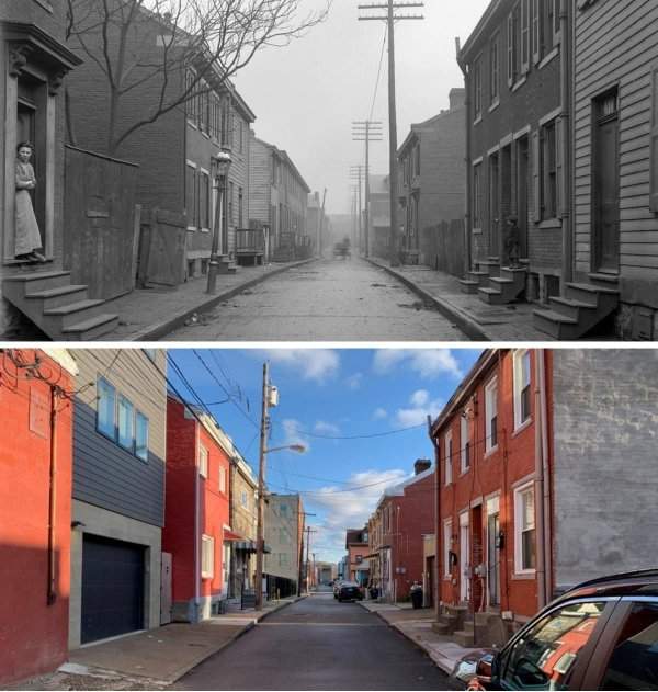 Улица в Питтсбурге, США. 1917 и 2021 год