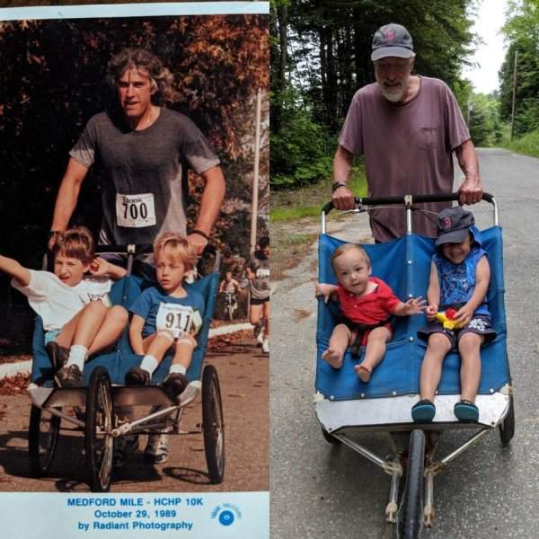 Первый кадр: папа везёт меня с братом. Второй: спустя 29 лет он везёт моих сыновей в той же коляске