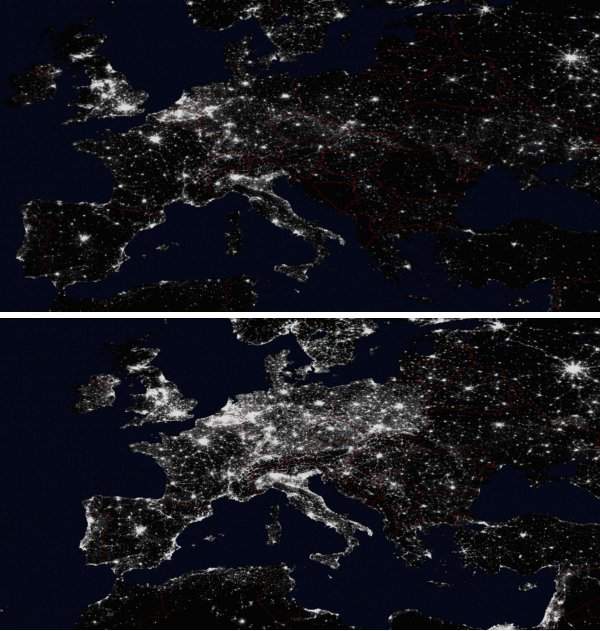Европа ночью в 1992 и в 2010 году
