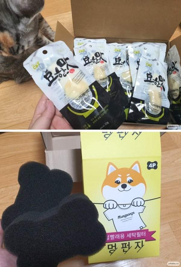 Необычные товары для кошек можно купить в Корее: куриная грудка для питомцев и спонжи для сбора шерсти во время стирки