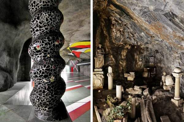 Эта станция метро в Стокгольме полна противоречий — это и модернистского вида колонны, и кусочек античности