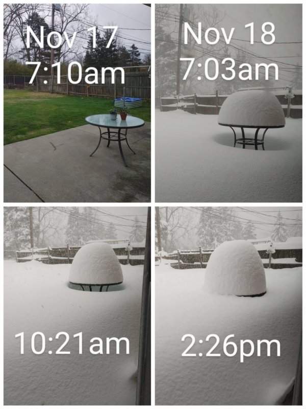 Наглядный пример того, как стол в саду за сутки превратился в снежный гриб