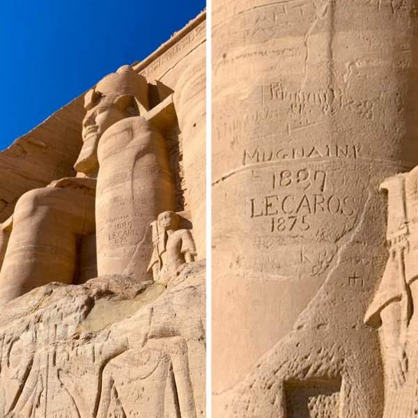 Статуя египетского фараона была построена в 1300-х годах до н. э. Но чуть больше 100 лет назад кто-то начиркал на ней свою надпись