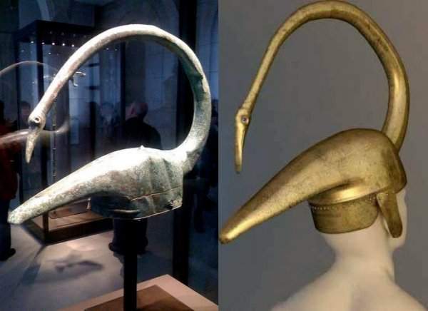 Галльский бронзовый шлем в форме лебедя, найденный археологами в Тинтиньяке, Франция