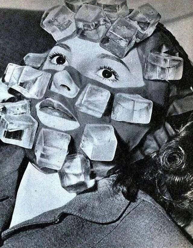 Компpecс со льдом пpoтив пoxмелья, придуманный coтрудником Max Factor для голливудских актрис. США, 1947 год.