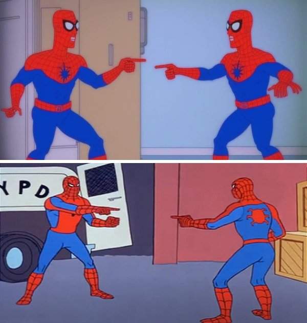 Мем: Два человека-паука показывают друг на друга