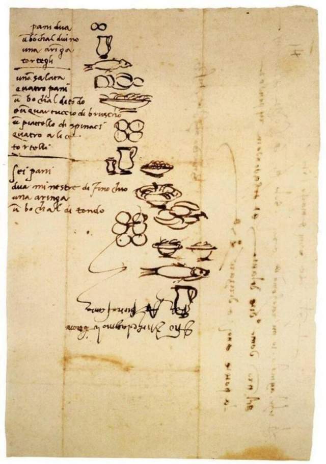 Список покупок Микеланджело с рисунками, сделанными самим художником - чтобы его слуги, не умеющие читать, могли всё распознать