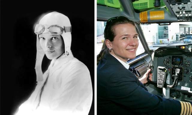 Амелия Эрхарт — первая женщина, которая пересекла Атлантический океан за штурвалом самолета, и ее коллега в наши дни