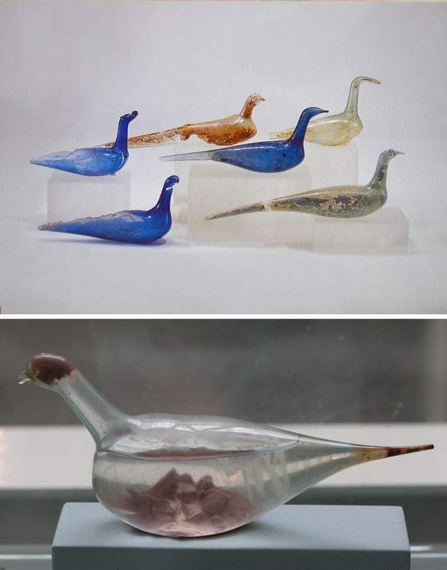Римские стеклянные сосуды в форме птиц использовались в качестве флаконов для духов