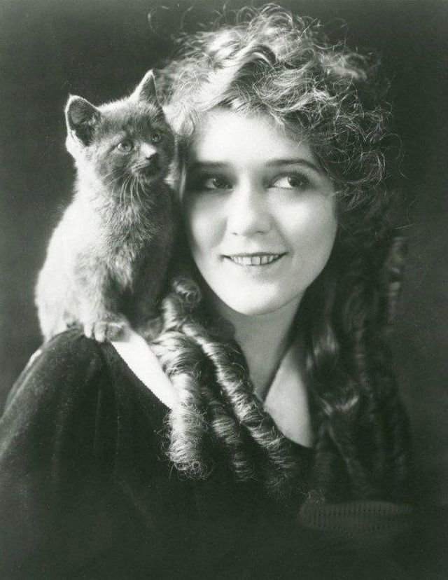 Легенда немого кино Мэри Пикфорд с котиком, 1916 год.