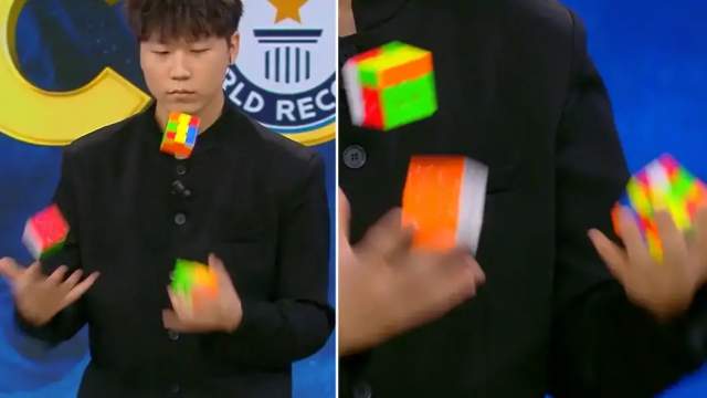 Слабо собрать кубики Рубика, жонглируя ими?