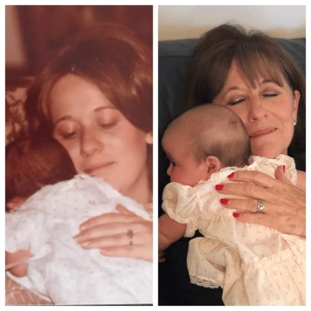 Моя мама держит меня в 1979 году и моя мама держит мою дочь в том же платье в 2019 году