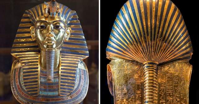 Погребальная маска Тутанхамона. Вид спереди и сзади. Создана приблизительно в 1323 году до нашей эры