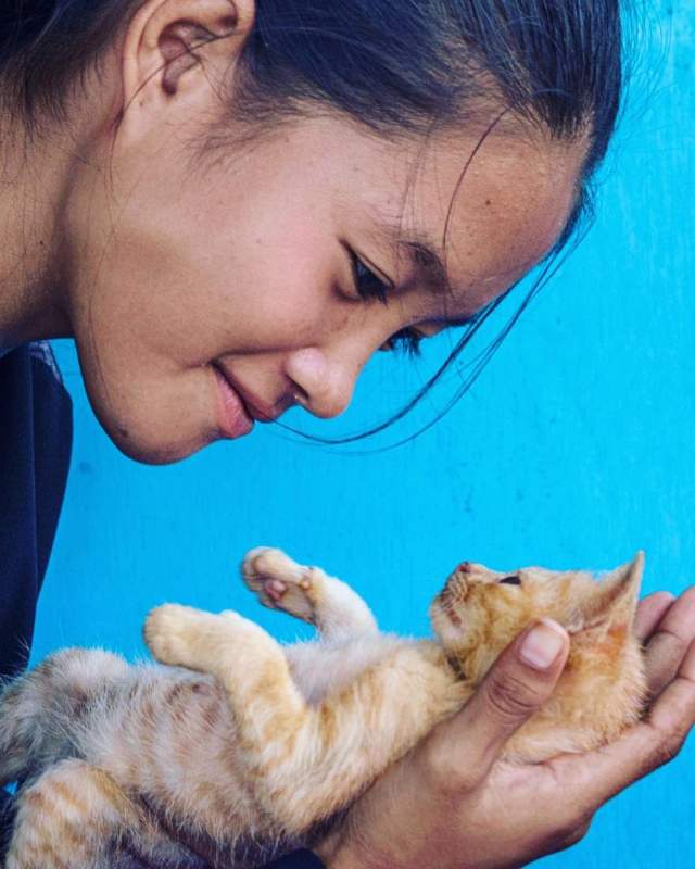 Девочка и котёнок из малайзийского города Семпорна