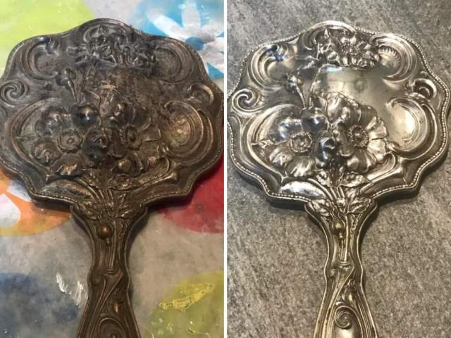 До и после полировки старинного серебряного зеркала