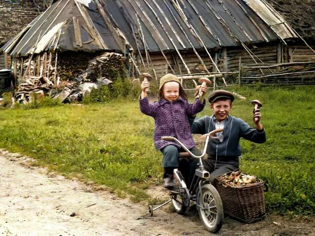 Юные грибники. Псковская область, деревня Ольхи, 1980 год.