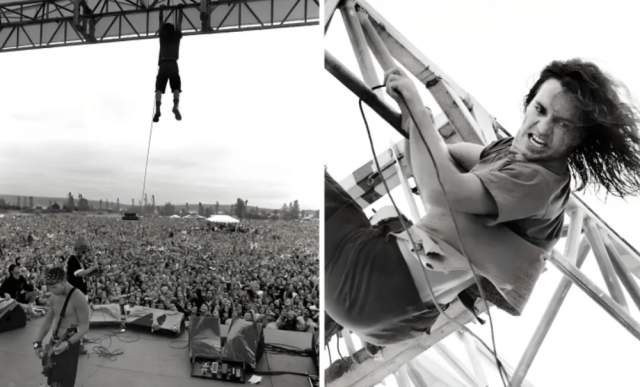 Фронтмен группы Pearl Jam Эдди Веддер висит на стропилах, концерт 1992-го Фронтмен группы Pearl Jam Эдди Веддер висит на стропилах, концерт 1992-го