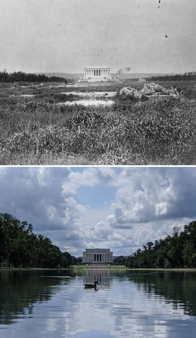 Мемориал Линкольну, Вашингтон, США, 1917 против 2020 Мемориал Линкольну, Вашингтон, США, 1917 против 2020