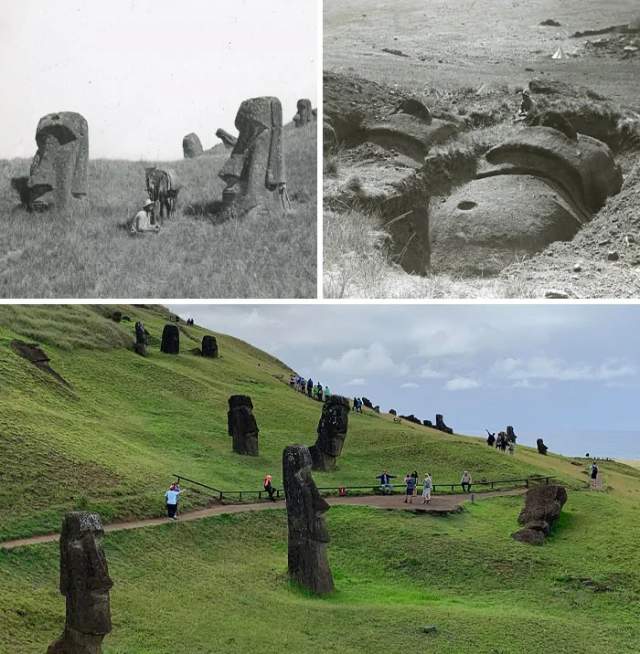 Статуи моаи в Рано-Рараку, остров Пасхи, 1914 против 2019 Статуи моаи в Рано-Рараку, остров Пасхи, 1914 против 2019